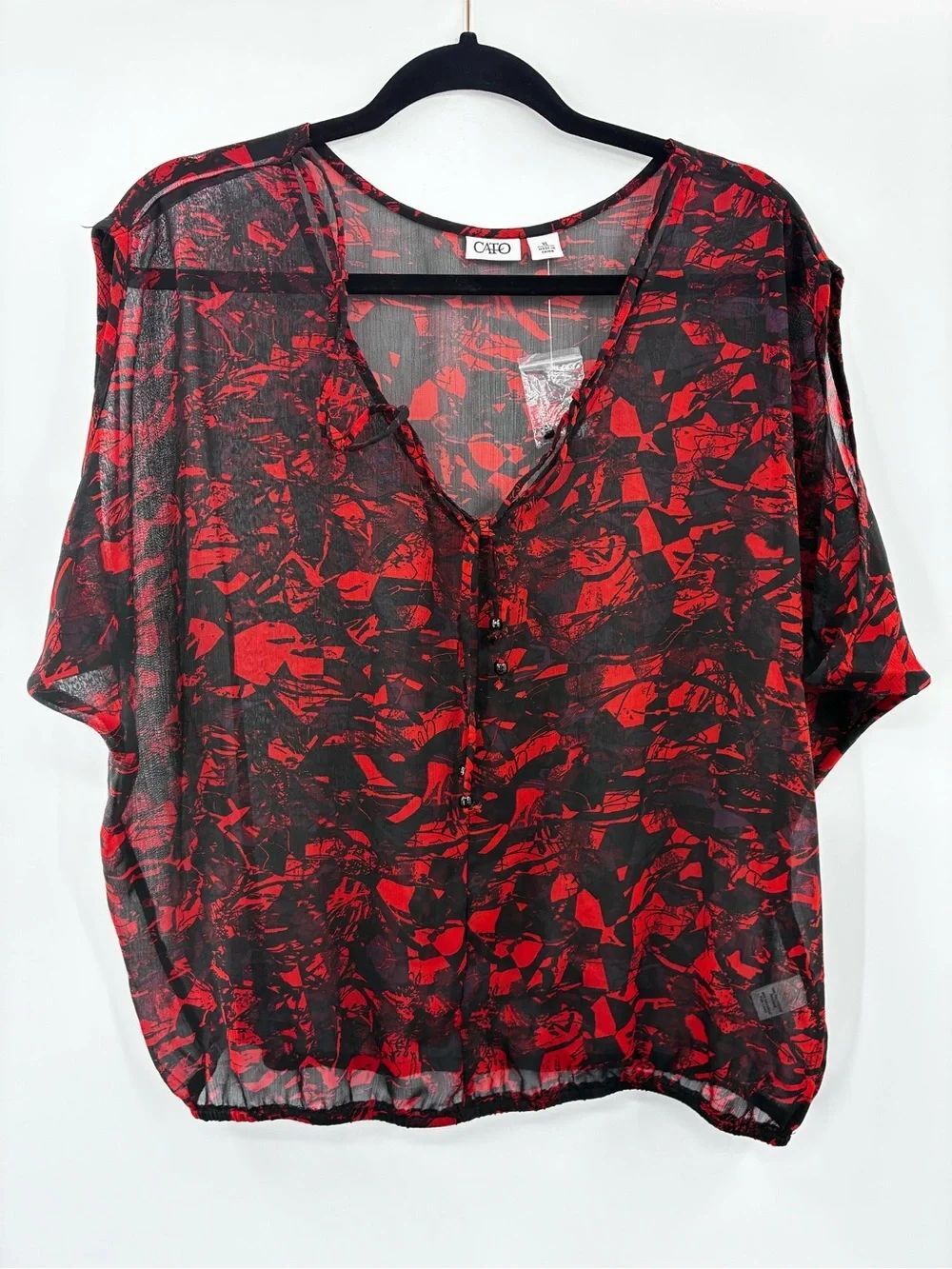 Cato Red and Black Sheer Abstract Print Blouse size XL New